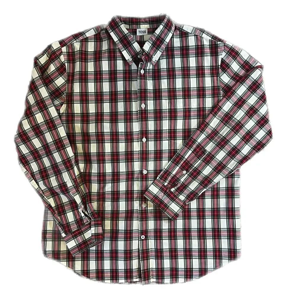 Vintage Toss Christmas Plaid Button Up Shirt, Custom T-Shirt Back. Custom made,